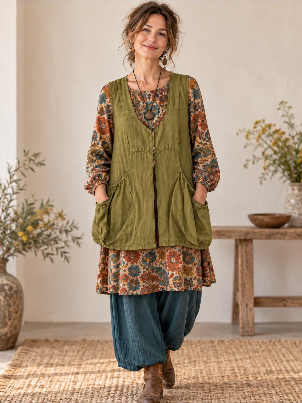 Gudrun Sjödén Olive Green Cotton Linen Tunic Vest Large
